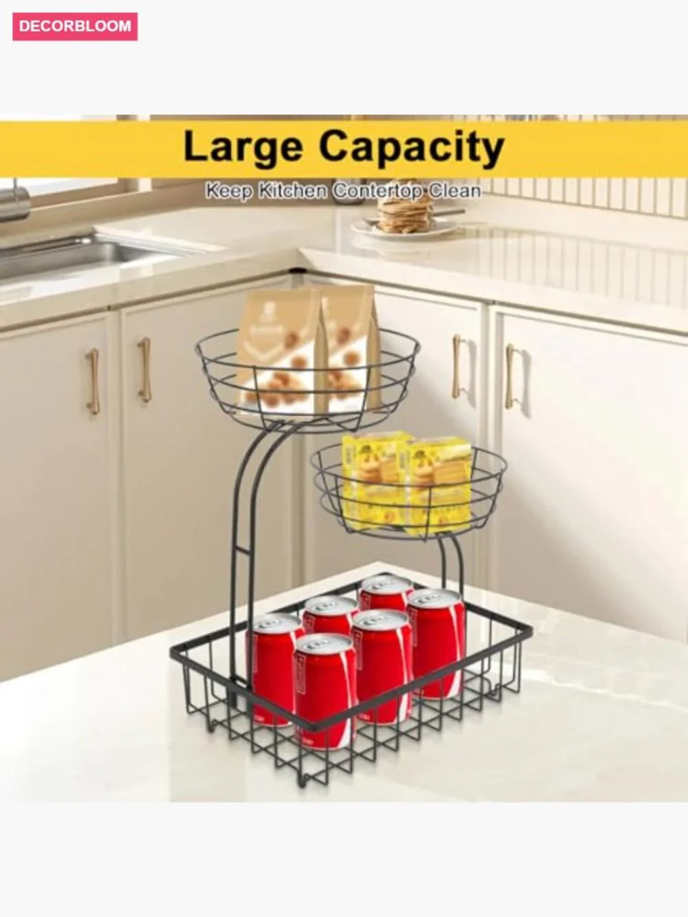 3 Tier Countertop Fruit Basket Storage - Metal Kitchen Organizer for Fruits,